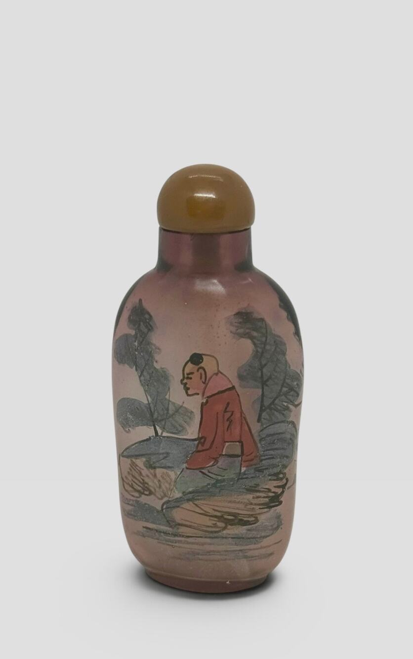 Early 20th C Chinese Inside‑Painted 
Glass Snuff Bottle Two Miniature Figures